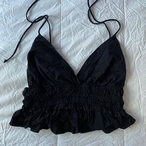 Black Cotton Smocked Ruffle Cami Top